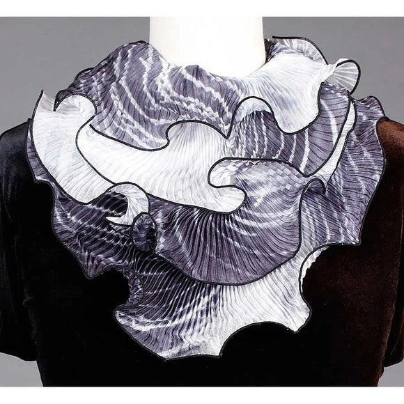 Cathayana Shibori Silk Infinity Scarf SIA-501 in Black and White Artistic Designer Hand Dyed and Pleated Silk Scarf