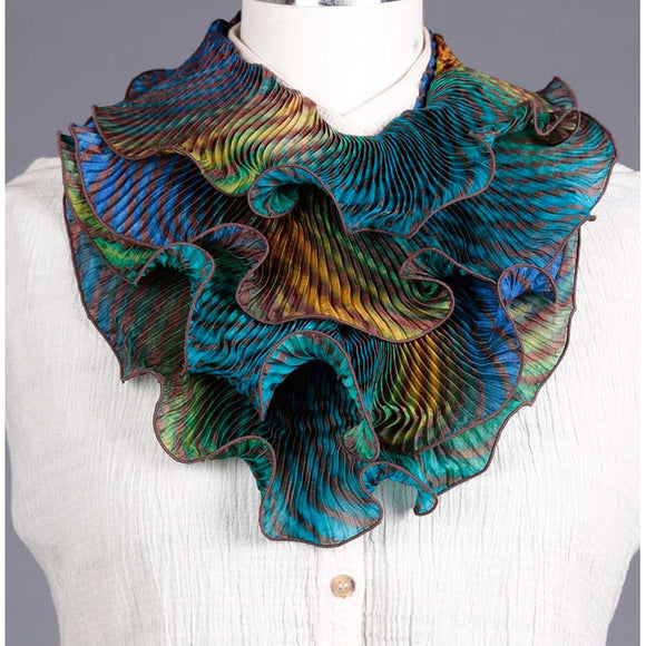 Cathayana Shibori Silk Infinity Scarf SIA-514 in Brown Blue and Turquoise Artistic Designer Hand Dyed and Pleated Silk Scarf