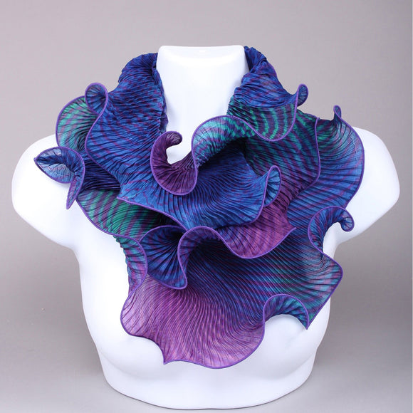 Cathayana Shibori Silk Infinity Scarf in Blue and Purple Artistic Designer Hand Dyed and Pleated Silk Scarf