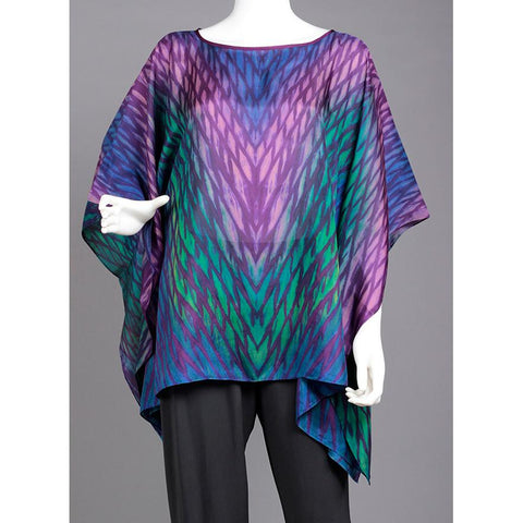 Cathayana Shibori Silk Poncho SY02 in Purples Greens and Blues Artistic Designer Hand Dyed and Pleated Silk Poncho