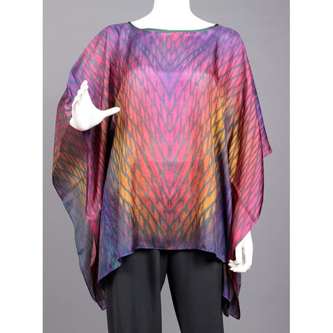 Cathayana Shibori Silk Poncho SY303 in Pinks Purples Yellows and Blues Artistic Designer Hand Dyed and Pleated Silk Poncho