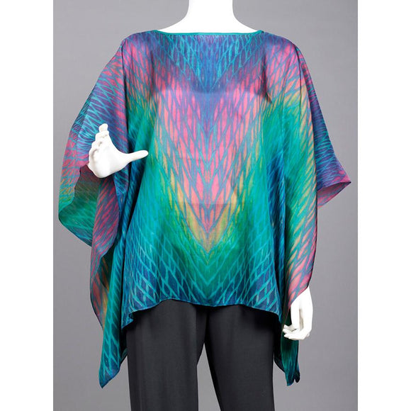 Cathayana Shibori Silk Poncho SY319 in Turquoise Blue Pink and Yellow Artistic Designer Hand Dyed and Pleated Silk Poncho