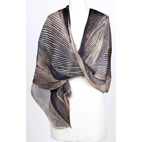 Cathayana Shibori Silk Shawl SA-03 in Black and Beige Artistic Designer Hand Dyed and Pleated Silk Shawls