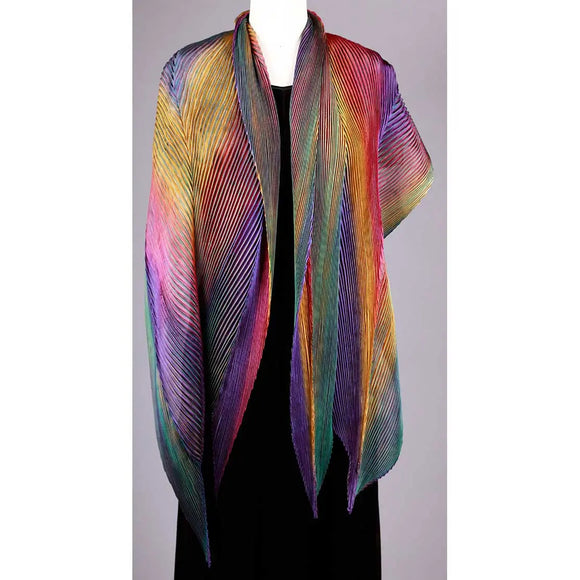 Cathayana Shibori Silk Shawl SA-303 in Dark Green Orange Red and Purple Artistic Hand Dyed and Pleated Silk Shawl