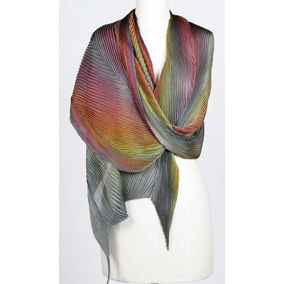 Cathayana Shibori Silk Shawl SA-308 in Grey Straw and Magenta Artistic Hand Dyed and Pleated Silk Shawl