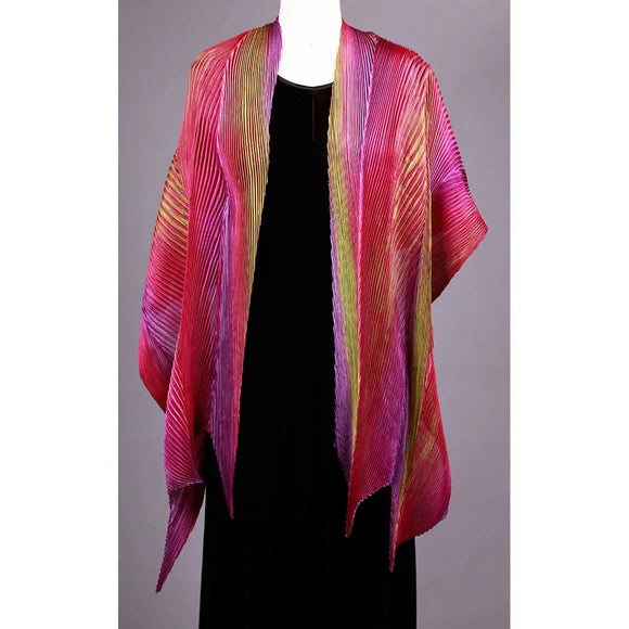 Cathayana Shibori Silk Shawl SA-315 in Fuschia Green and Purple Artistic Hand Dyed and Pleated Silk Shawl