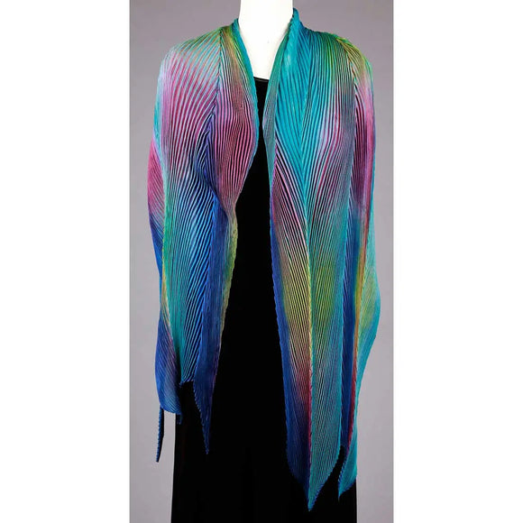 Cathayana Shibori Silk Shawl SA-319 in Turquoise Blue and Pink Artistic Designer Hand Dyed and Pleated Silk Shawl