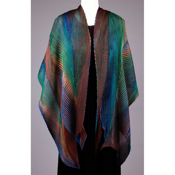 Cathayana Shibori Silk Shawl SA-514 in Brown Turquoise and Gold Artistic Designer Hand Dyed and Pleated Silk Shawl