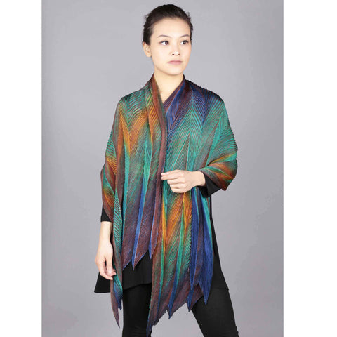 Cathayana Shibori Silk Shawl in Peacock Artistic Designer Hand Dyed and Pleated Silk Shawls