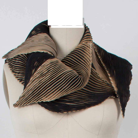 Cathayana Shibori Silk Zigzag Scarf in Black and Beige Artistic Designer Hand Dyed and Pleated Silk Scarf