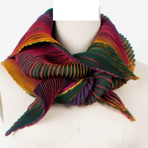 Cathayana Shibori Silk Zigzag Scarf in Evergreen Purple and Orange Artistic Designer Hand Dyed and Pleated Silk Scarf