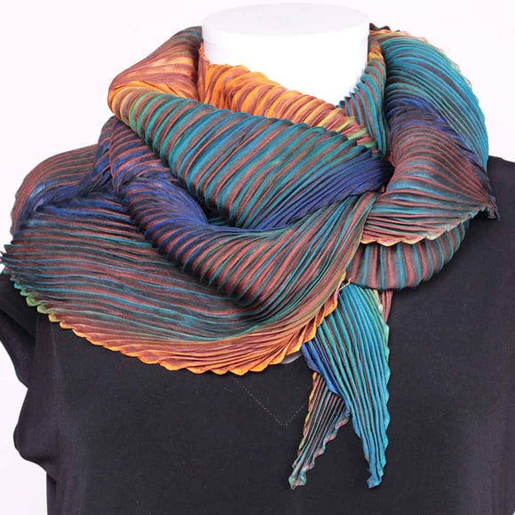 Cathayana Shibori Silk Zigzag Scarf in Orange and Teal Artistic Designer Pleated and Hand Dyed Silk Scarf