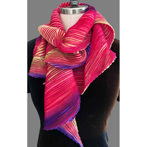 Cathayana Shibori Silk Zigzag Scarf in Pink and Purple Artistic Designer Pleated and Hand Dyed Silk Scarf