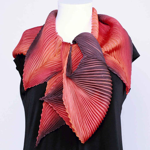 Cathayana Shibori Silk Zigzag Scarf in Red Artistic Designer Hand Dyed and Pleated Silk Scarf