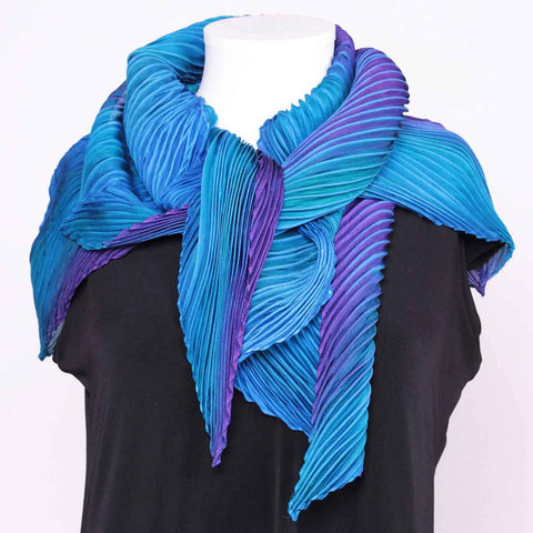 Cathayana Shibori Silk Zigzag Scarf in Turquoise and Purple Artistic Designer Hand Dyed and Pleated Silk Scarf