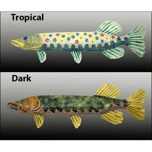 Cathy and Carie Crain of Crain Pottery Art Studio Northern Pike Shown in Dark and Tropical Colorways Wall Art Hand Crafted Art Pottery copy