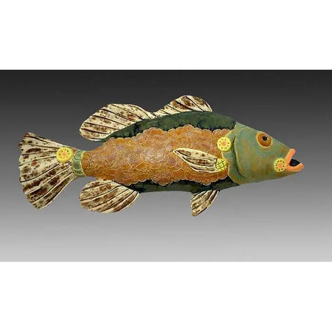 Cathy and Carie Crain of Crain Pottery Art Studio Sea Bass Shown in Dark Colorway C Sea Bass Hand Crafted Art Pottery