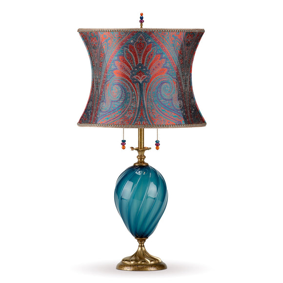Kinzig Design Christa Table Lamp 153 I 131 Colors Teal Blown Glass Base With Woven Jewel Tones Of Teal Purple And Orange Artistic Artisan Designer Table Lamps