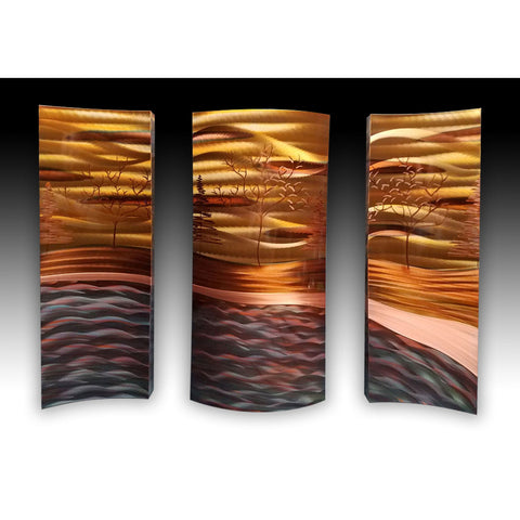 Copper Elements by Dan and Frances Hedblom Mixed Trees Triptych 26x36 Artistic Artisan Crafted Flame Painted Copper Wall Sculptures