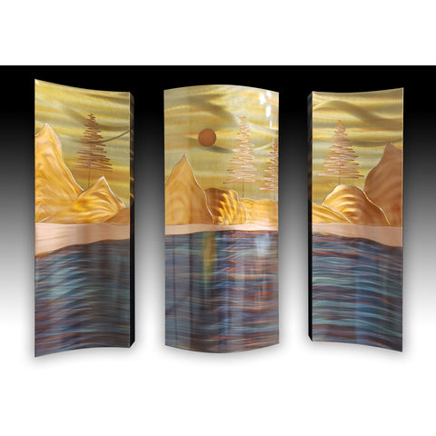Copper Elements by Dan and Frances Hedblom Mountain Lake Landscape Triptych 26x36 Artistic Artisan Crafted Flame Painted Copper Wall Sculptures