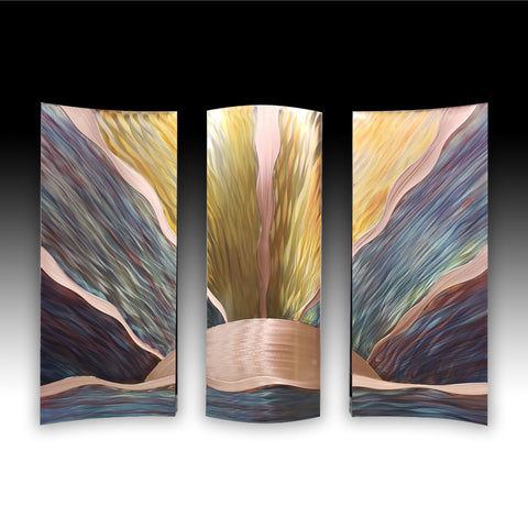 Copper Elements by Dan and Frances Hedblom New Beginnings Triptych 35x50 Artistic Artisan Crafted Flame Painted Copper Wall Sculptures