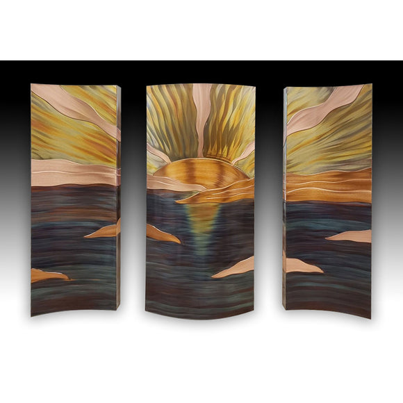 Copper Elements by Dan and Frances Hedblom New Horizons Landscape Triptych 26x36 Artistic Artisan Crafted Flame Painted Copper Wall Sculptures