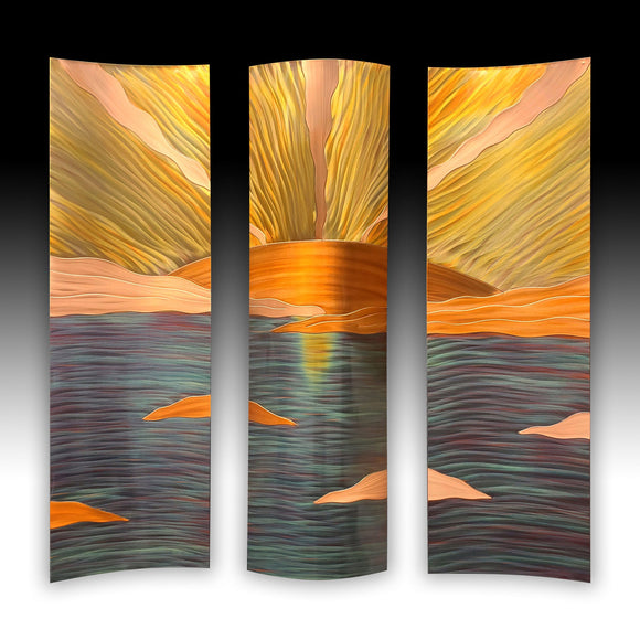 Copper Elements by Dan and Frances Hedblom New Horizons Triptych 47x50 Artistic Artisan Crafted Flame Painted Copper Wall Sculptures
