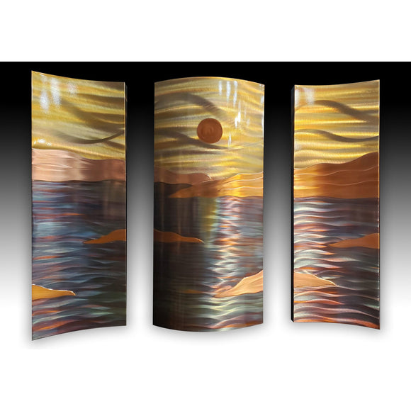 Copper Elements by Dan and Frances Hedblom Ocean Horizon 2 Landscape Triptych 26x36 Artistic Artisan Crafted Flame Painted Copper Wall Sculptures