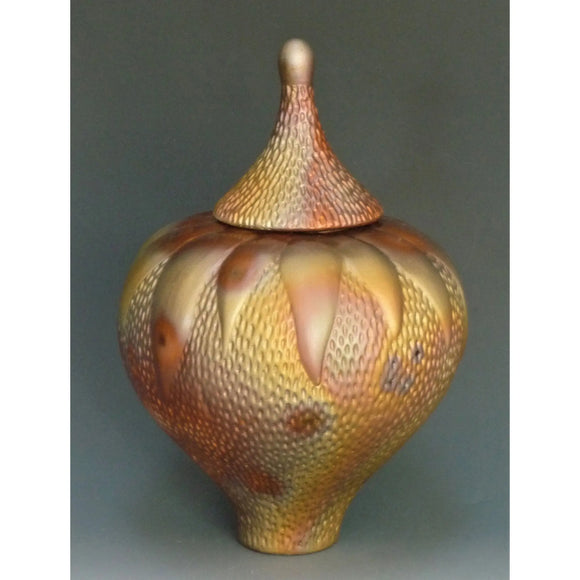 Cosmic Clay Studio Small Carved Leaf Cone Urn Number 18B Sawdust Fired Handmade PotteryJPG