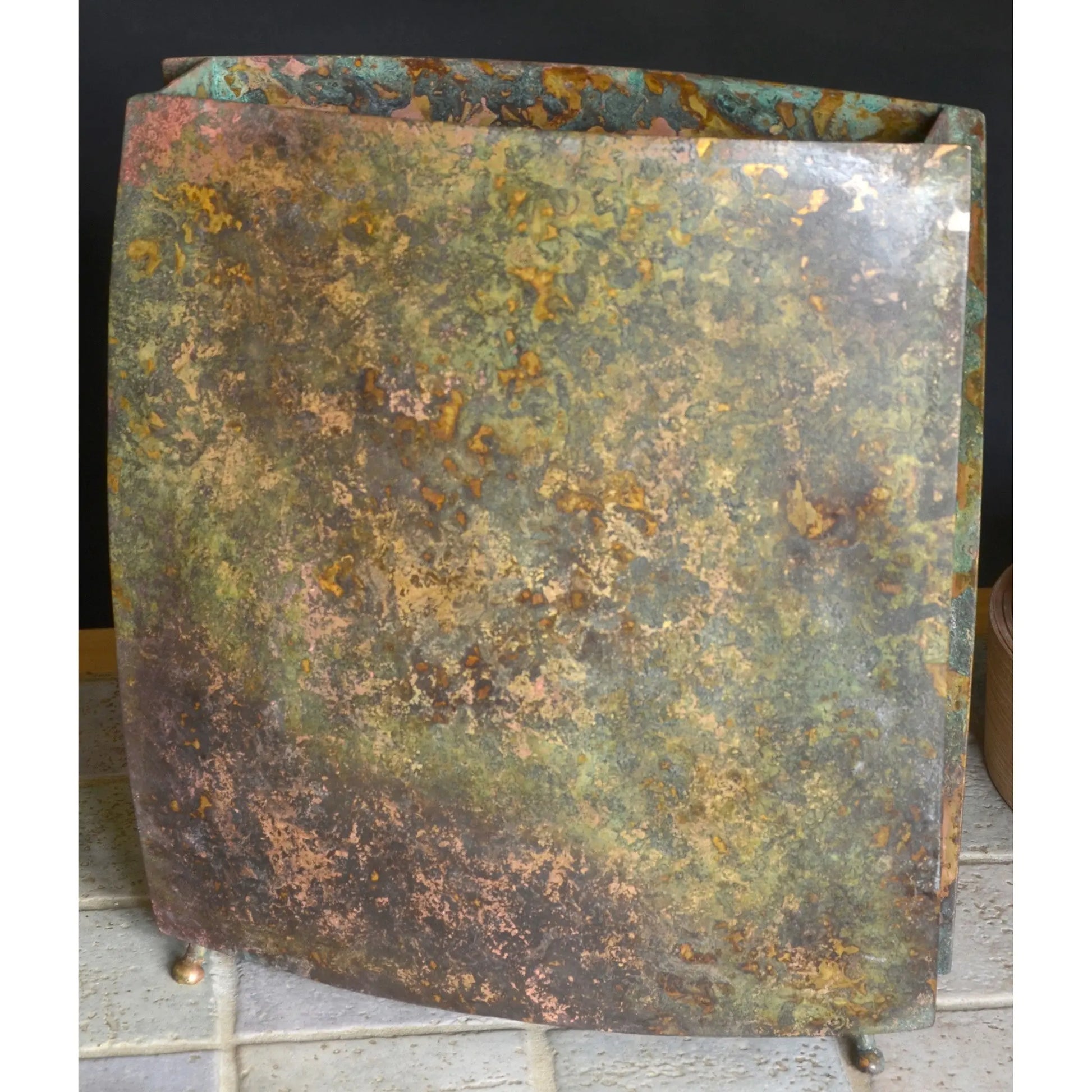 David M. Bowman Studio Square Vase Shown in Mottled, Artistic Artisan Designer Patinaed Brass Vases