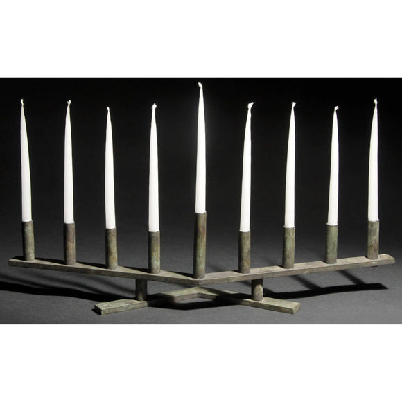 David M. Bowman Studio Vee Menorah Shown in Dark Green, Artistic Artisan Designer Patinaed Brass Menorahs