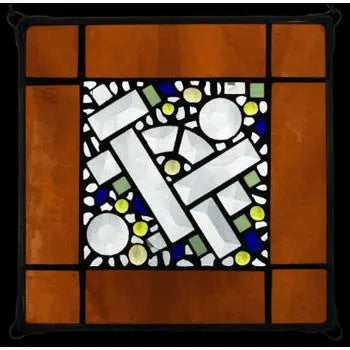 Edel Byrne Amber Antique Border Geometric Stained Glass Panel, Artistic Artisan Designer Stain Glass Window Panels