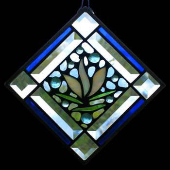 Edel Byrne Bevel Cobalt Border Floral Stained Glass Panel, Artistic Artisan Designer Stain Glass Window Panels