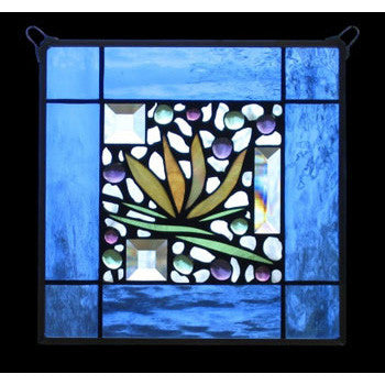 Edel Byrne Blue Waterglass Border Floral Stained Glass Panel, Artistic Artisan Designer Stain Glass Window Panels