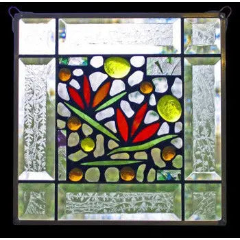 Edel Byrne Clear Bevel Border Floral Stained Glass Panel-1, Artistic Artisan Designer Stain Glass Window Panels