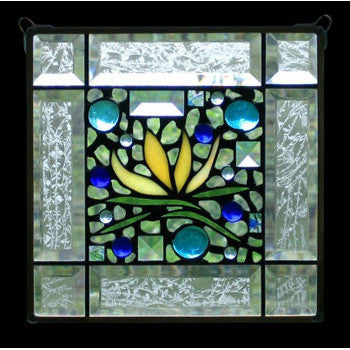 Edel Byrne Clear Bevel Border Yellow Floral Stained Glass Panel, Artistic Artisan Designer Stain Glass Window Panels
