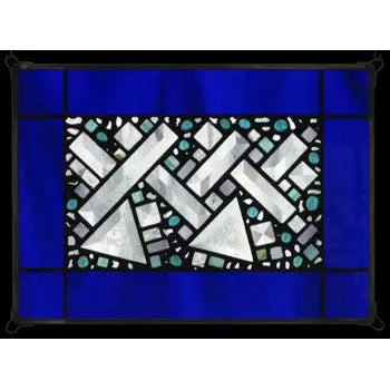 Edel Byrne Cobalt Antique Border Geometric Stained Glass Panel, Artistic Artisan Designer Stain Glass Window Panels