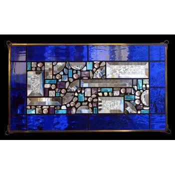 Edel Byrne Cobalt Blue-Water Glass Border Geometric Stained Glass Panel, Artistic Artisan Designer Stain Glass Window Panels