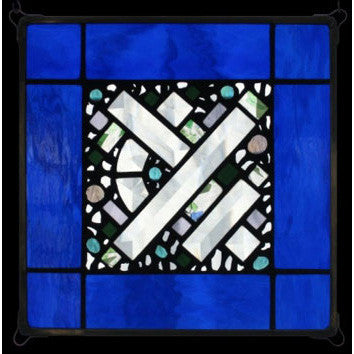 Edel Byrne Cobalt Border Geometric Stained Glass Panel, Artistic Artisan Designer Stain Glass Window Panels