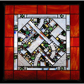 Edel Byrne Red Orange Border Geometric Stained Glass Panel, Artistic Artisan Designer Stain Glass Window Panels