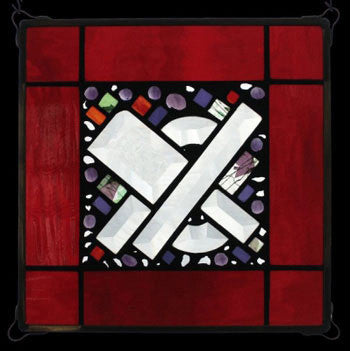 Edel Byrne Red Water Border Geometric Stained Glass Panel, Artistic Artisan Designer Stain Glass Window Panels