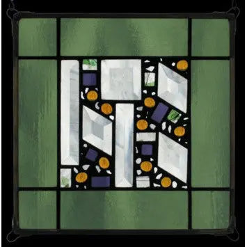 Edel Byrne Sage Border Geometric Stained Glass Panel, Artistic Artisan Designer Stain Glass Window Panels