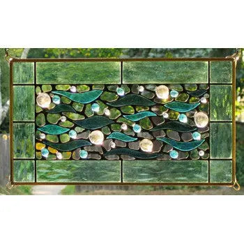 Edel Byrne Sea Green Border Aqua Waves Stained Glass Panel, Artistic Artisan Designer Stain Glass Window Panels