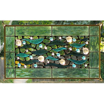 Edel Byrne Sea Green Border Aqua Waves Stained Glass Panel, Artistic Artisan Designer Stain Glass Window Panels
