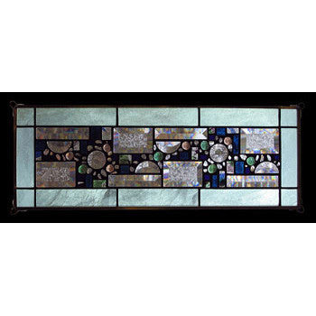 Edel Byrne Sea Green Opalescent Border Geometric Stained Glass Panel, Artistic Artisan Designer Stain Glass Window Panels
