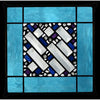 Edel Byrne Sky Blue Border Geometric Stained Glass Panel, Artistic Artisan Designer Stain Glass Window Panels