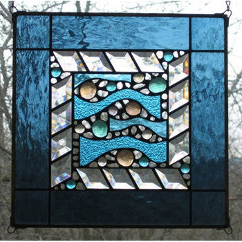 Edel Byrne Steel Blue Border Wave Stained Glass Panel, Artistic Artisan Designer Stain Glass Window Panels