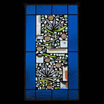 Edel Byrne Turquoise Border Floral Stained Glass Panel, Artistic Artisan Designer Stain Glass Window Panels