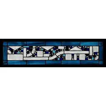 Edel Byrne Two Blue Water Border Geometric Stained Glass Panel, Artistic Artisan Designer Stain Glass Window Panels