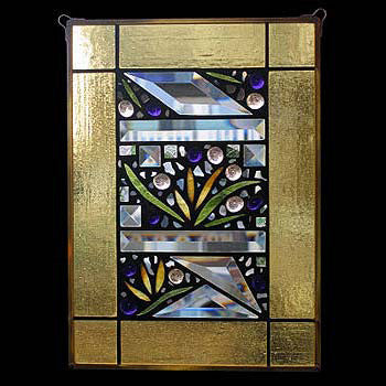 Edel Byrne Yellow Border Floral Stained Glass Panel, Artistic Artisan Designer Stain Glass Window Panels